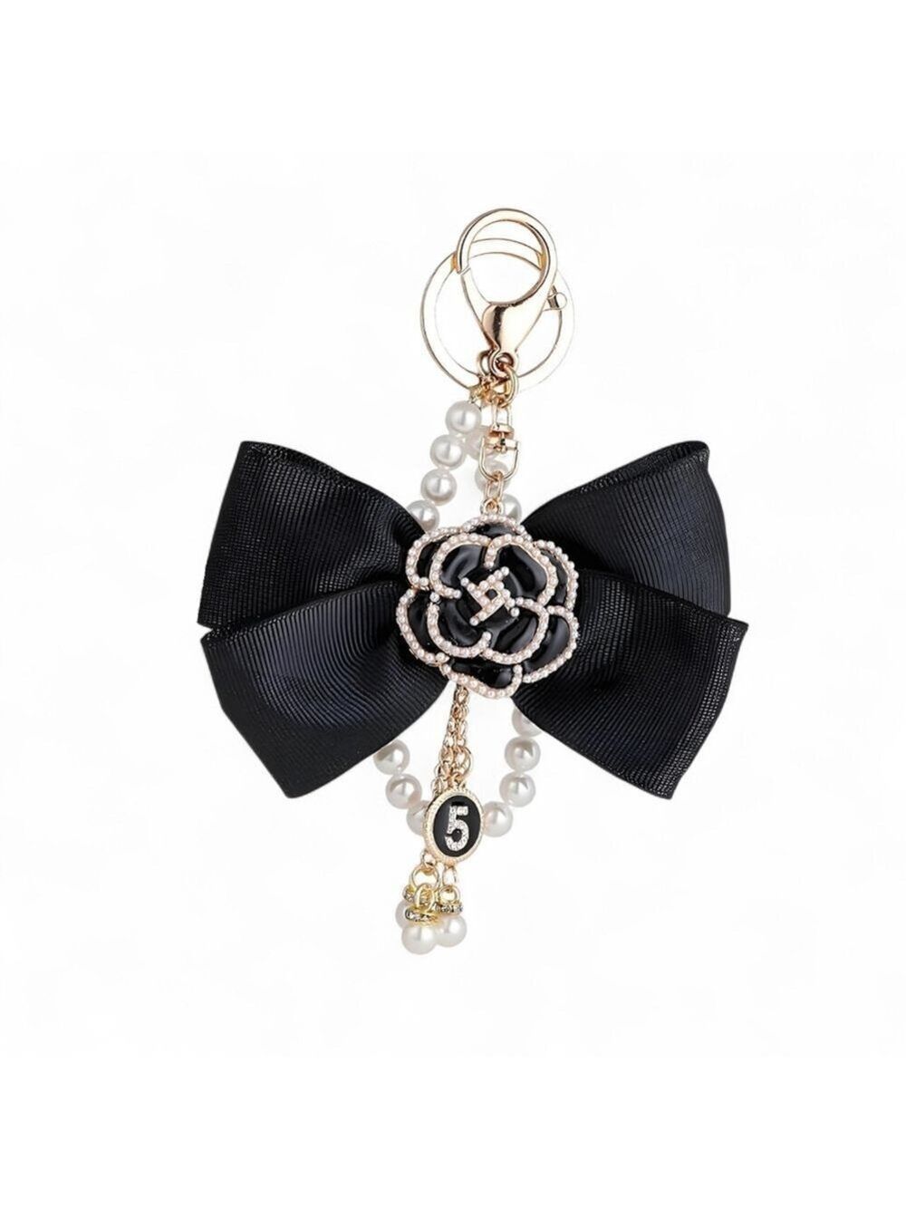 Bag Charm Keychain, Bow-Knot keychain with Pearl Black